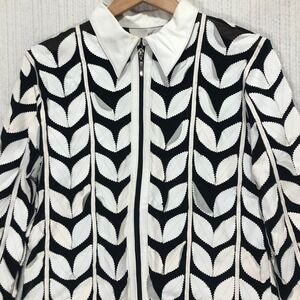 Unique Leather Studio Black White Leaf Applique‎ Full Zip Jacket Blazer M
